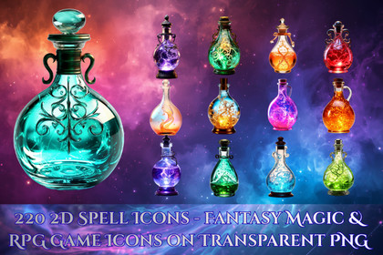 220 2D Spell Icons - Fantasy Magic & RPG Game Icons on Transparent PNG