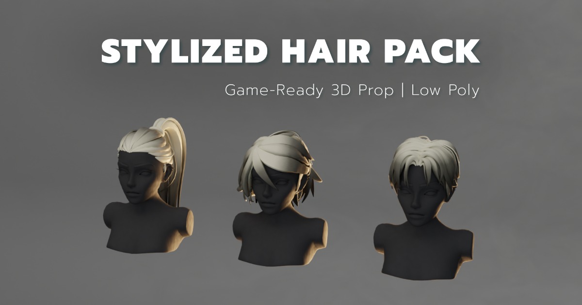 Stylized Hair Pack - 3 Variations Base Mesh Low Poly Set | 3D Humanoids ...