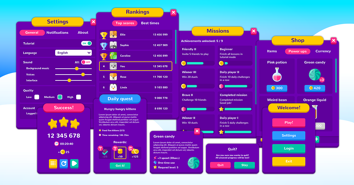 Cute purple 4k GUI Kit - over 450 PNG files! | 2D GUI | Unity Asset Store
