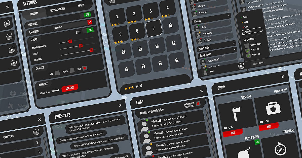 Flat black/dark military GUI kit v2 - 4k UI Kit + sources | 2D GUI ...