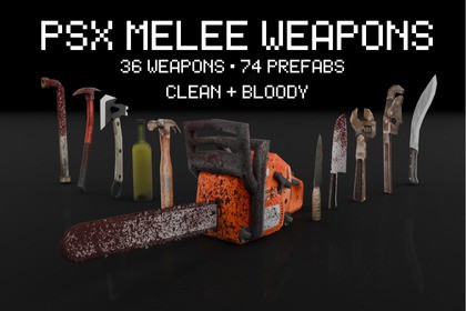 PSX Horror Melee Weapons Pack — 74 Retro Lowpoly Weapon Props(Clean + Bloody)