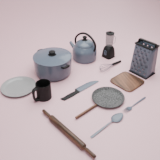 3D – Kitchen set: Forks, spoons, pots, and much more.