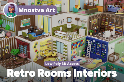 Low Poly Retro Vintage Rooms Interiors