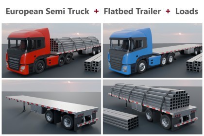 European Semi Truck with Flatbed Trailer & Loads
