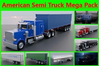 Realistic American Semi Truck Mega Pack (Box, Container & Tanker Trailers)