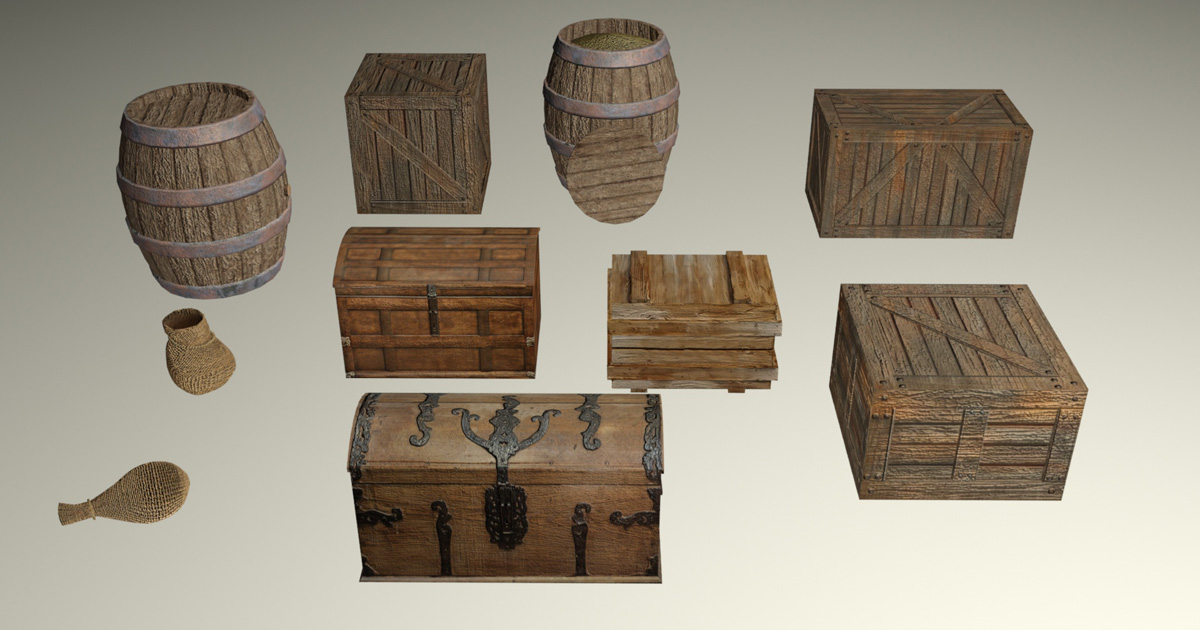 Medieval and antique containers - old barrels, crates, wooden boxes ...