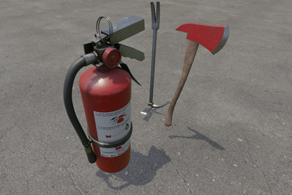 Fire Extinguisher, Crowbar & Fire Axe