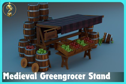 Medieval Greengrocer Stand & Fruits Pack – Low Poly