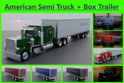 Realistic American Semi Truck + Box Trailer | 11 Truck + 8 Trailer Colors | PBR