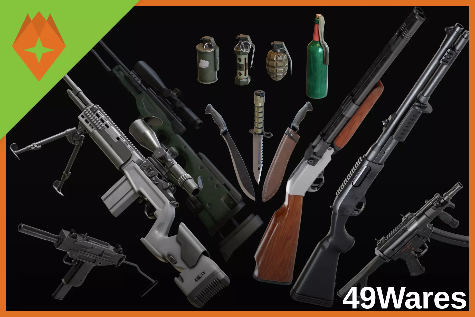 Animierte FPS-Waffen - Schusswaffen + Granaten + Messer - Bundle 1