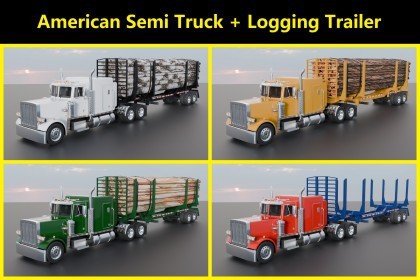American Semi Truck + Logging Trailer | Interior, Modular, 4 Wood Log | PBR