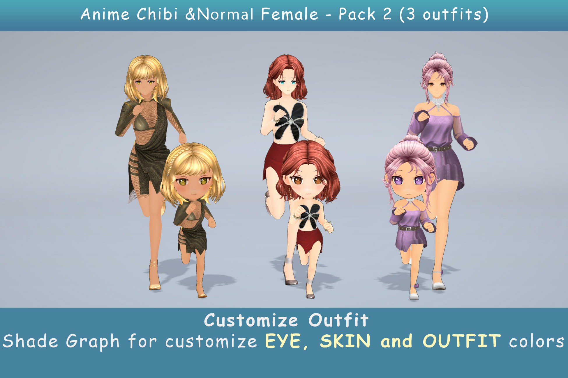 Modular Anime Female Character - Combo 2 (3 outfit)