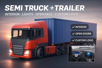 European Semi Truck + Container Trailer | Custom Logo, Openable Doors, Interior