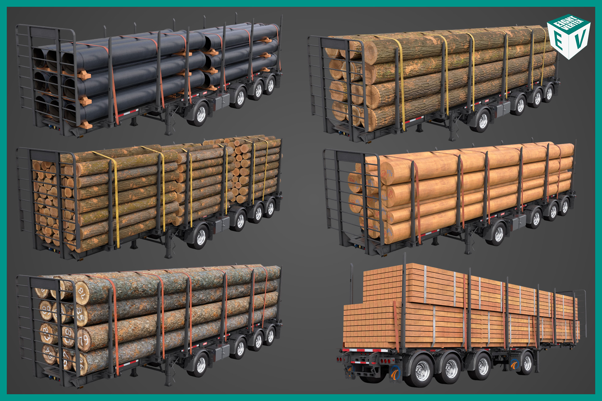 Logging Trailer Black with 6 Loads single Mat URP HDRP Textures | 3D ...