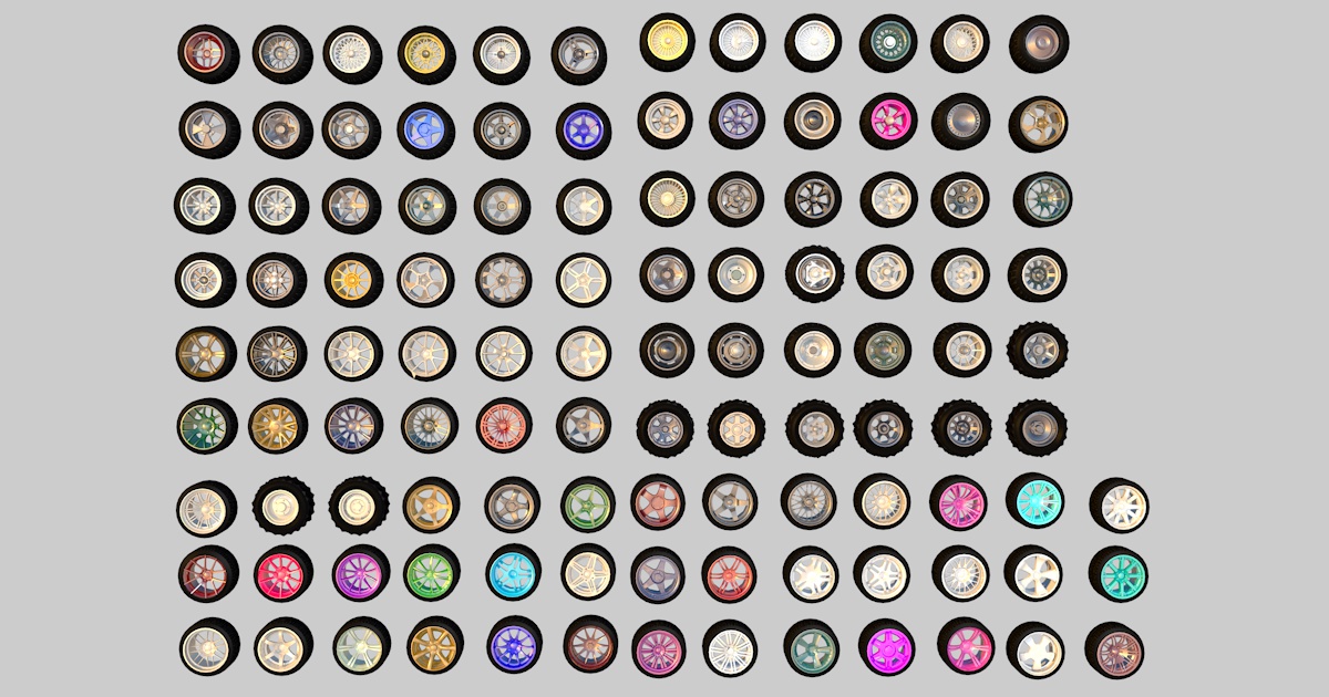 Pack of 100 unique rims tires for cars | 3D Land | Unity Asset Store