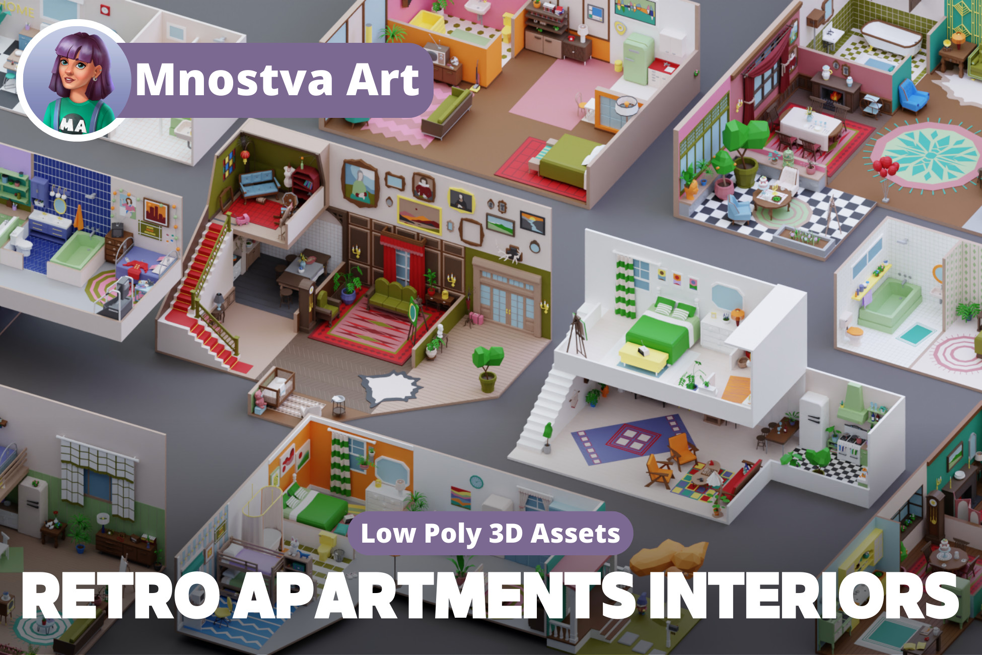 Low Poly Retro Apartments Interiors Pack