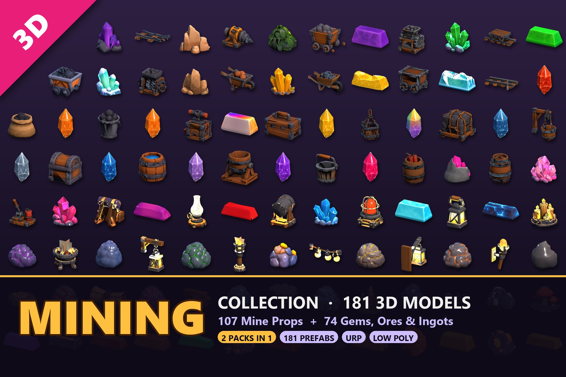 Low Poly Mining Collection - Mine Props + Gems & Ore