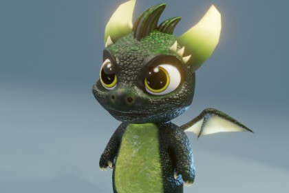 Cartoon Dark Green Baby Dragon 3D Model (Low-Poly, Game-Ready, Built-In)