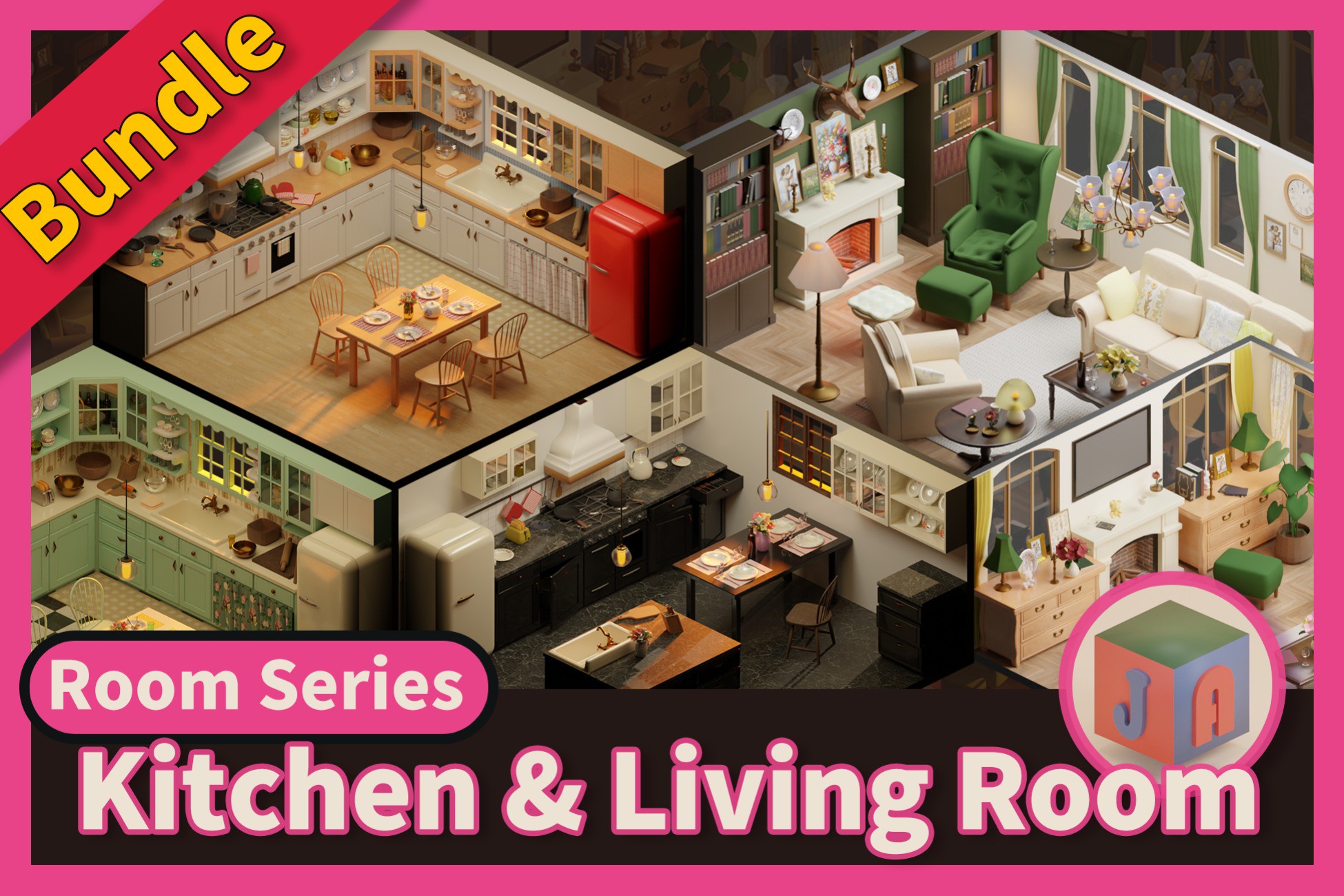 3D Stylized Kitchens and Living Rooms Bundle Pack | 3D Environments ...