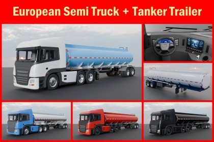 European Semi Truck + Tanker Trailer | Detailed Interior & Functional Lights
