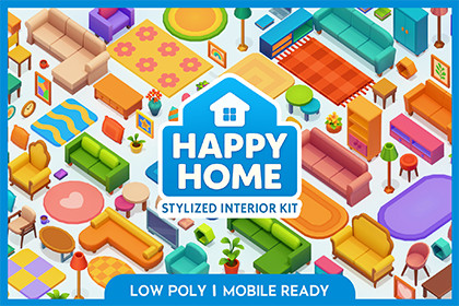 Happy Home – Stylized Living Room Furniture Interior Kit - Low Poly 3D