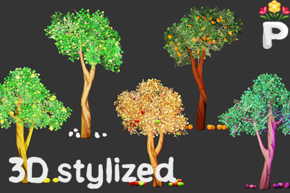 Stylized Hand-Painted Fruit Trees