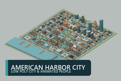 American Harbor City - Low Poly City & Animated People