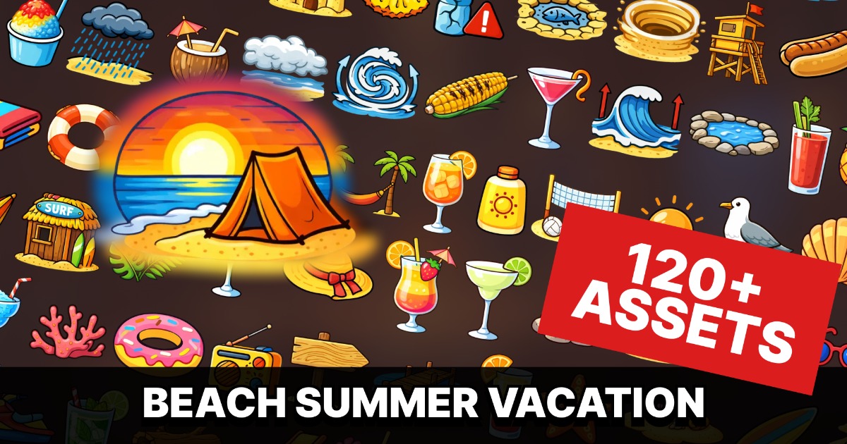 Beach Summer Vacation Icons Pack Casual Survival Adventure and ...