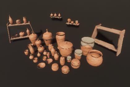 HDRP Medieval Pottery Pack – 28 Clay Pots & Wooden Shelves