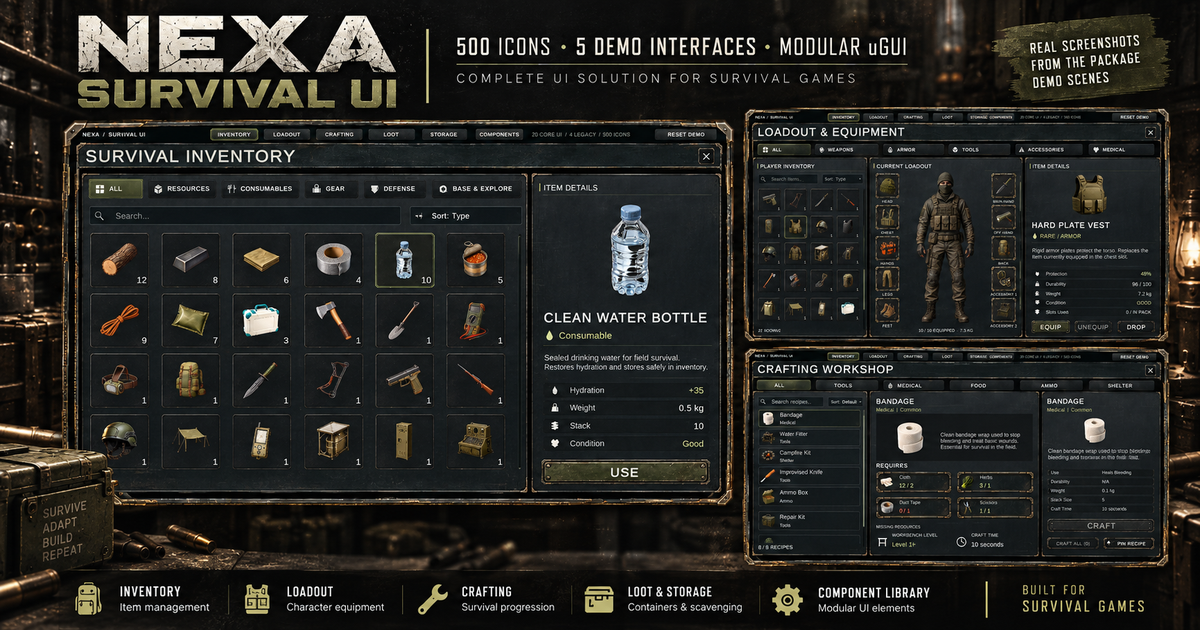 Survival UI Kit – 500 Icons & 5 Demo Screens | 2D GUI | Unity Asset Store