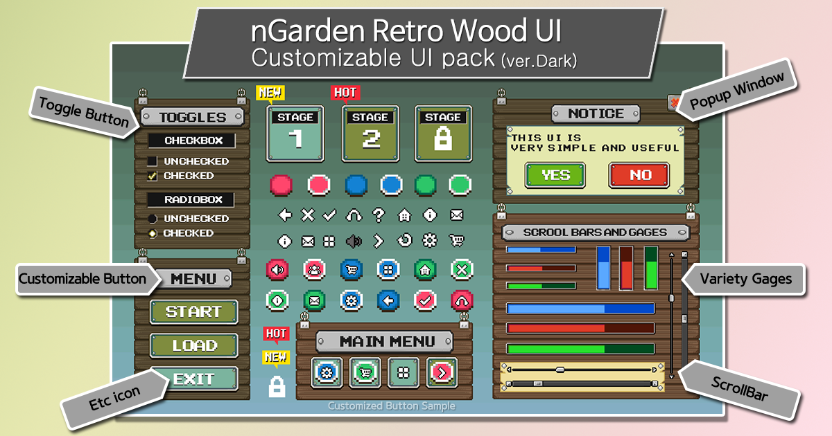 nGarden Retro Wood UI (Dark) | 2D GUI | Unity Asset Store
