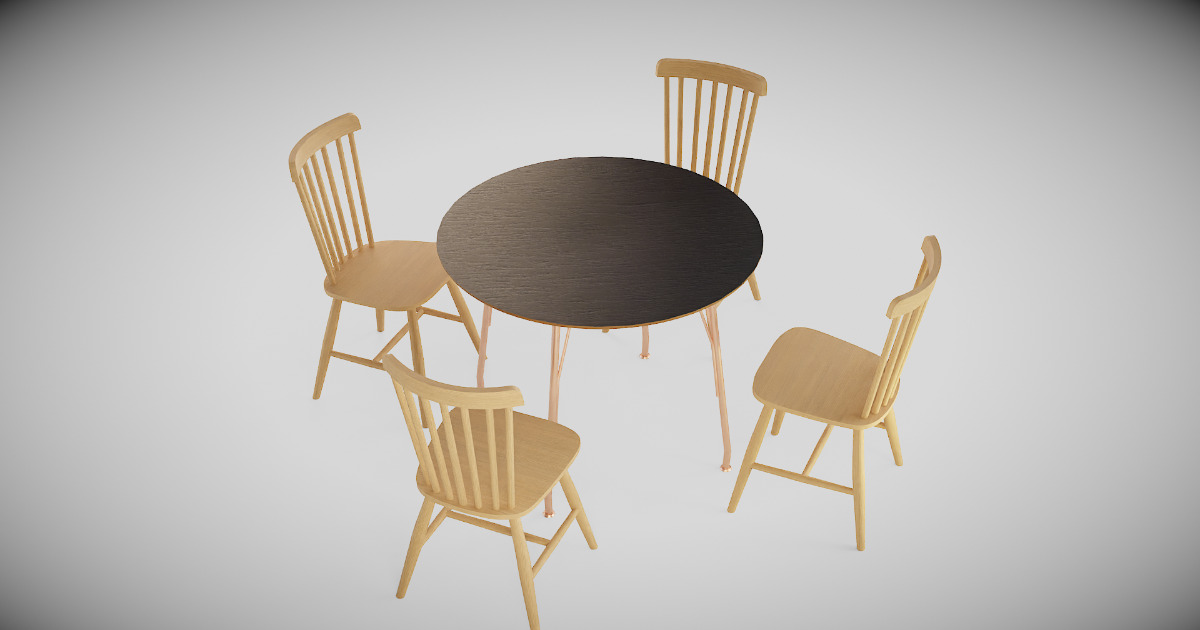 Unity Round Table Dark Round Dining Table with 4 Light Wooden Chairs | 3D Furniture ...