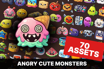 Angry Cute Food Enemies Object Monsters Hero Icons Pack for Casual Action Games