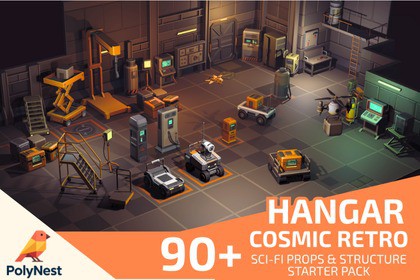 Low Poly Sci-Fi Hangar 90+ Cosmic Retro Props & Environment