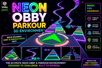 Neon Obby Parkour Tower-3D Modular Platformer Environment Pack-Mobile Optimized