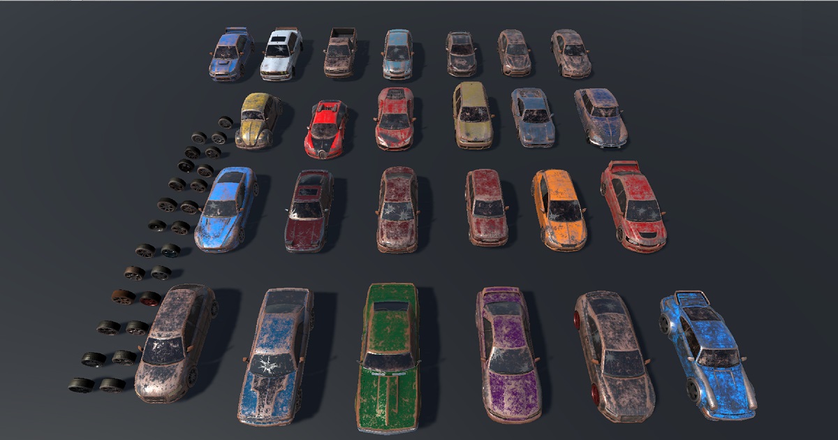 Pack Of wrecked rusted Low Poly 25 Sports Cars and 25 Rims PBR Textured ...