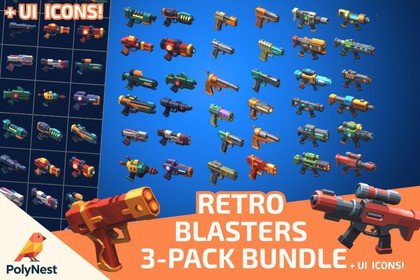Low Poly Sci-Fi Blasters Bundle (36 weapons) - Retro Style