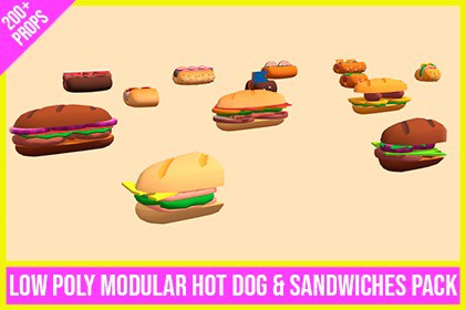 Low Poly Modular Hot Dog & Sandwiches Pack (200+ Props)