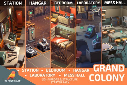 Sci-Fi Low Poly Interior Bundle: Grand Colony Collection (5-in-1) | Cosmic Retro