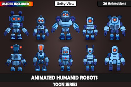 Animated Toon Humanoid Robot Charcaters : 10 Character, 26 Animations, Matcap