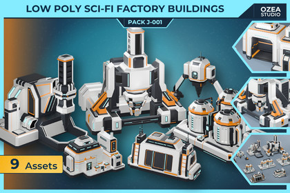 Low Poly Sci-Fi Factory Buildings Pack J-001