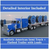 American Semi Truck with Flatbed Trailer & Cable Reel Cargo