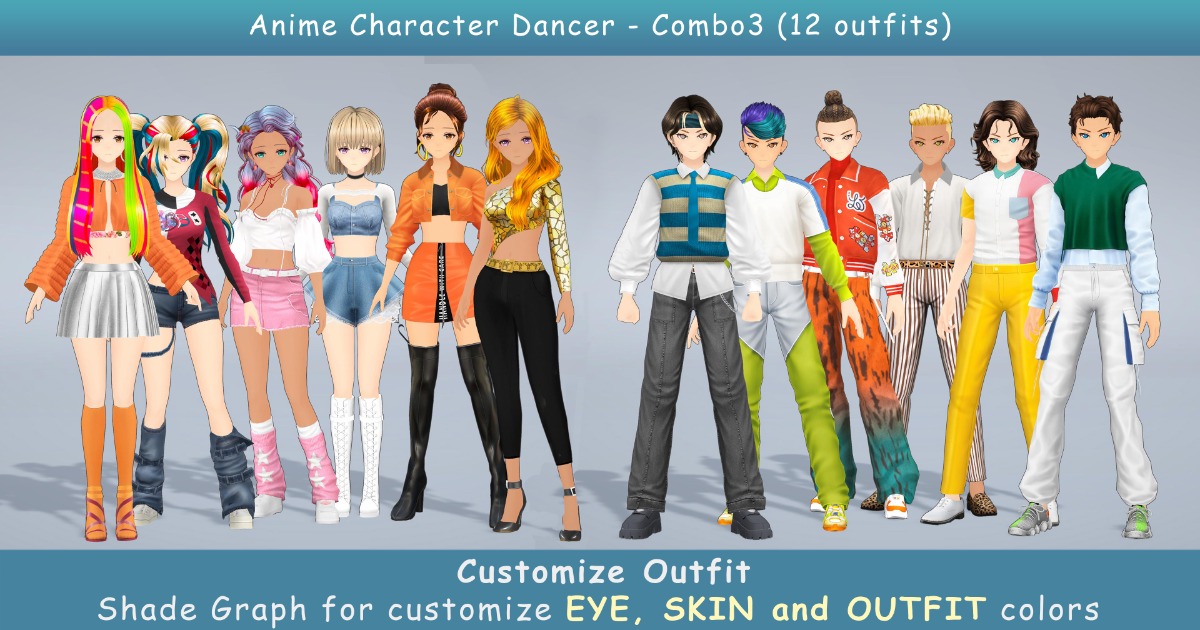 Anime Character Dancer - Combo 3 (12 outfits) | Characters | Unity ...