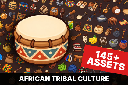 African Tribal Culture Village Crafts Weapons Food Resources Icons Pack