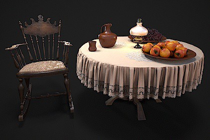 Furniture set with dishes and fruit