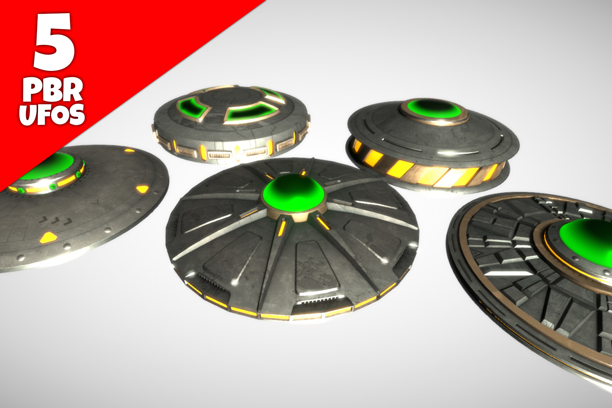 UFO 5 PBR Flying Saucers for an Alien Space Game 3D 宇宙飞船 Unity
