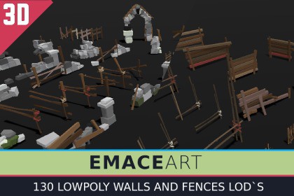 Low Poly Meadow Fences and Wall Bundle Pack 1-3 LODS