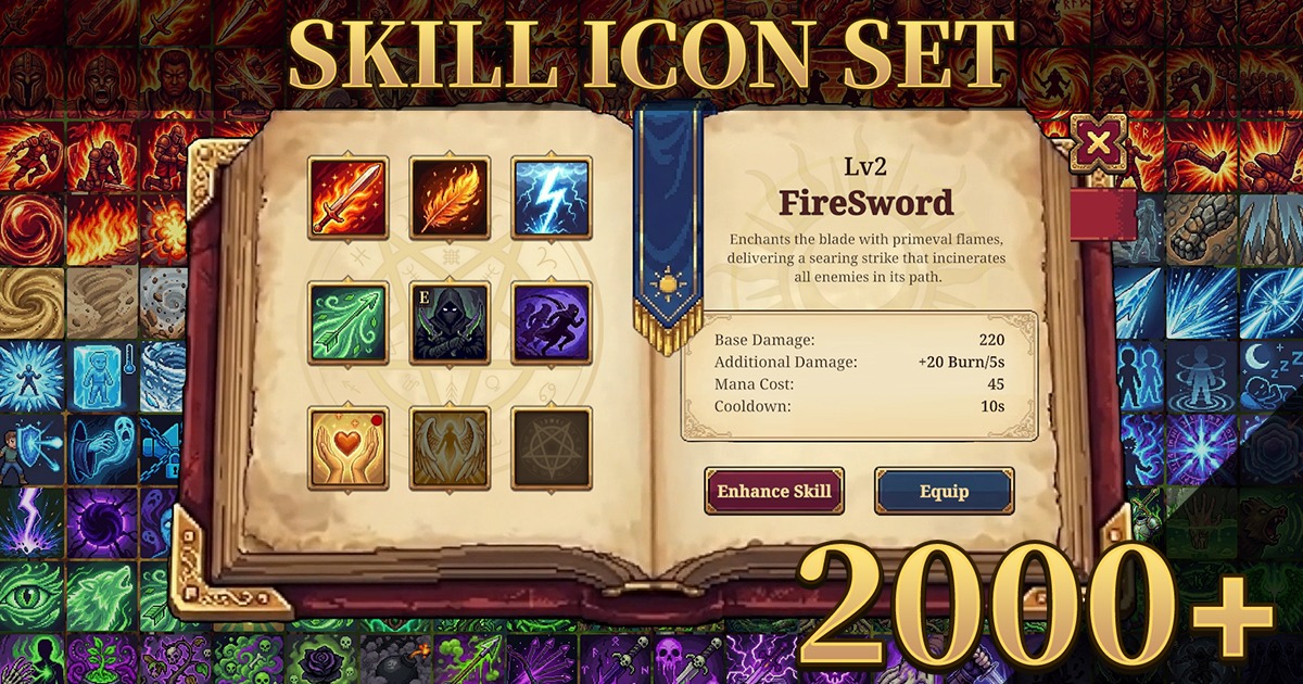 Pixel Skill Icons & Book UI Kit | 2D GUI | Unity Asset Store