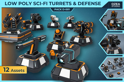 Low Poly Sci-Fi Turrets & Defense Pack D-001