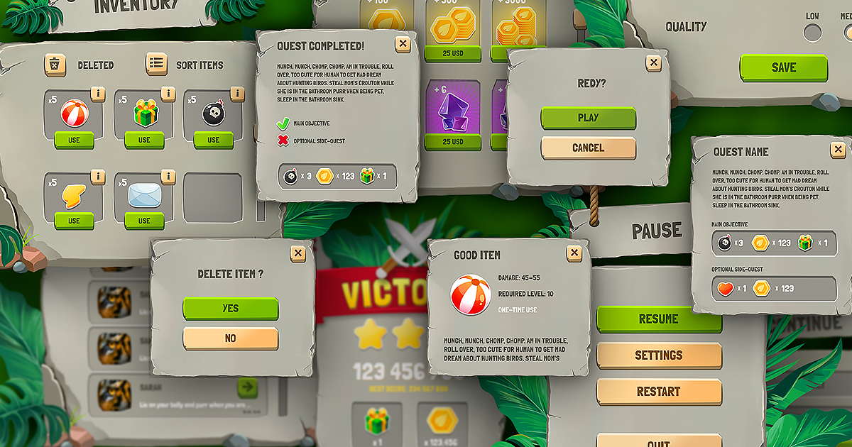 Stone Gui Stone & Jungle GUI / UI Kit + 76 icons + over 850 PNG + PDS/AI sources ...